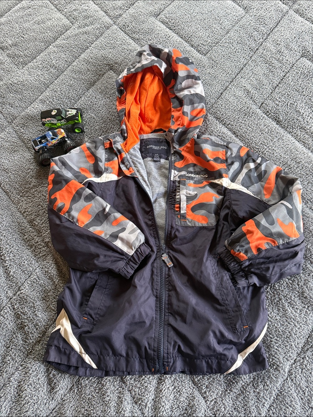 London Fog Kids Navy Jacket with Orange & Gray Camo Hood